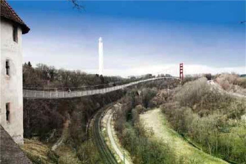 Fußgängerhängebrücke Richtung Testturm Rottweil: 600 Meter ohne Stützpfeiler?